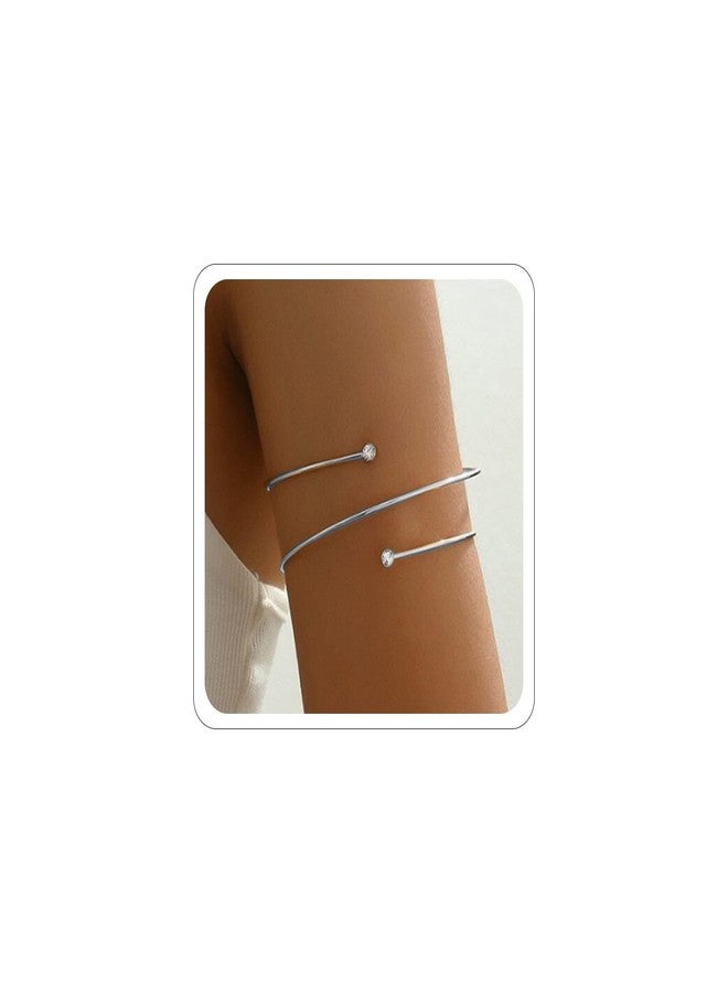 Xeyau Arm Cuff Jewelry for Women Arm Bracelet Upper Gold Silver Rhinestone Arms Cuff Set Adjustable Minimalist Accessorie (A-Silver) - Image 1